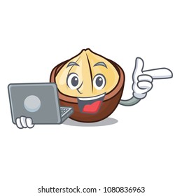 With laptop macadamia character cartoon style