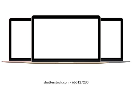 Laptop Macbook isolated on white background - front view. Gold, pink and gray mockups. Vector illustration