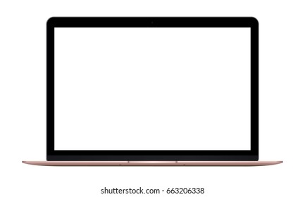 Laptop Macbook pink mockup with blank screen isolated on white background - front view. Template useful for showcasing screenshots website design or presentation advertising pages. Vector illustration