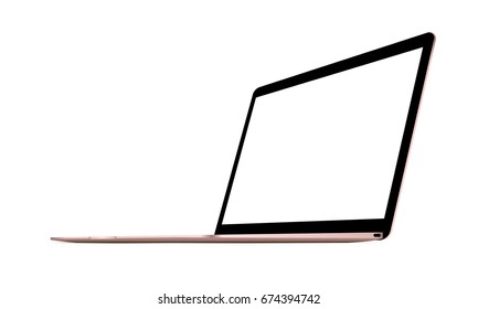 Laptop Macbook pink mockup with blank screen isolated - 3/4 right view. Vector illustration