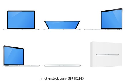 Laptop Macbook Pro in different positions isolated. Notebook opened and closed, laptop in box. Mockups easy to edit and use for showcase your website screenshots, images. Vector illustration