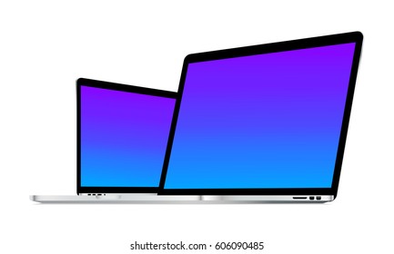 Laptop Macbook Pro mockup with colourful blue-violet screen isolated on white background. Can be used in presentation advertising or landing pages. Vector illustration