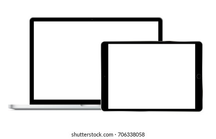 Laptop Macbook Pro And Tablet IPad Pro With Blank Screens Isolated On White Background. Modern Electronic Apple Devices Mockups - Front View. Vector Illustration