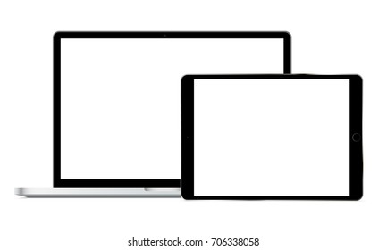 Laptop Macbook Pro and tablet iPad Pro with blank screens isolated on white background. Modern electronic Apple devices mockups - front view. Vector illustration