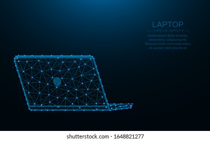 Portátil hecho de puntos y líneas sobre fondo azul oscuro, ilustración vectorial de malla alambrada de ordenador