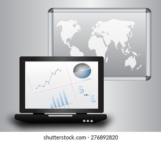 Laptop with magnetic board with world map and graphs