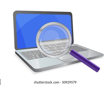 laptop with magnifier isolated on white background