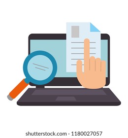 laptop with magnifying and document