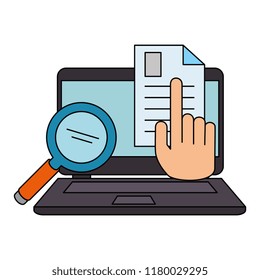 laptop with magnifying and document