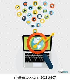 Laptop and magnifying glass with application icon. Vector illustration.