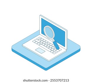 Laptop with magnifying glass, business analysis, growth, site stats, data inform, statistics, monitoring financial reports and investments concept illustration. Outline isometry.