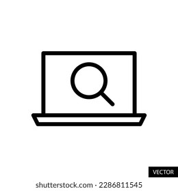 Laptop and magnifying glass, computer and search symbol, scan system vector icon in line style design for website, app, ui, isolated on white background. Editable stroke. EPS 10 vector illustration.