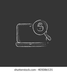 Laptop and magnifying glass. Drawn in chalk icon.