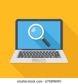 Laptop With Magnifying Glass On Screen. Web Search, Internet Search Concepts. Modern Long Shadow Flat Design Vector Illustration