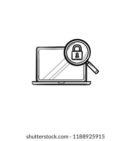 Laptop with magnifying glass and padlock hand drawn outline doodle icon. Search protection, security concept. Vector sketch illustration for print, web, mobile and infographics on white background.