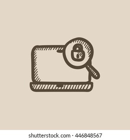 Laptop and magnifying glass vector sketch icon isolated on background. Hand drawn Laptop and magnifying glass icon. Laptop and magnifying glass sketch icon for infographic, website or app.