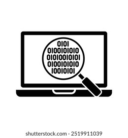 laptop with magnifying glass zooming the binary code, concept of computer coding icon vector