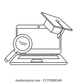 laptop with magnifying and hat graduation