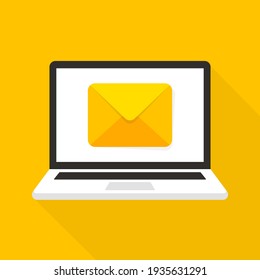 Laptop With Mail Envelope. Computer And Document On Screen. Email Concept. Flat Style Vector Illustration.