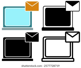 laptop with mail icon, message on the desktop, simple flat style, pictogram logo symbol vector illustration, isolated on white for mobile app
