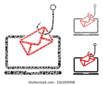 Laptop mail phishing composition of trembly pieces in variable sizes and color hues, based on laptop mail phishing icon. Vector tremulant pieces are organized into composition.