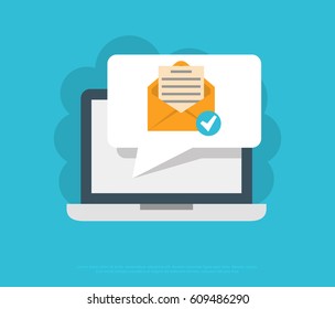 Laptop with mail, white speech bubble vector illustration, online ordering notification concept, ecommerce, e-mail modern flat icon design isolated on blue background