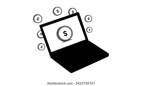  laptop makes money, black isolated silhouette