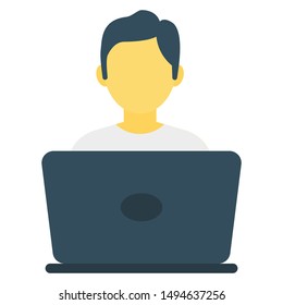 laptop with man for business work flat icon 