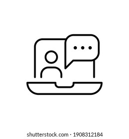 Laptop, man and chat bubble line icon for web template and app. Customer support or help concept outline symbol. Vector illustration design on white background. EPS 10
