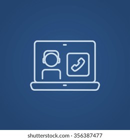 Laptop with a man in headphones on a screen for web, mobile and infographics. Vector light blue icon isolated on blue background.