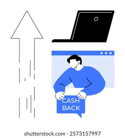 Laptop, man holding cashback sign in browser window, and upward arrow. Ideal for e-commerce, promotions, finance, online shopping, customer rewards. Vector art, two-tone style, minimal design