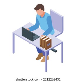 Laptop Man Icon Isometric Vector. Computer Work. Desk Window