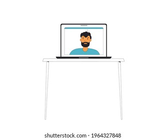 Laptop with man on the sceen. Online video call. Remote work.