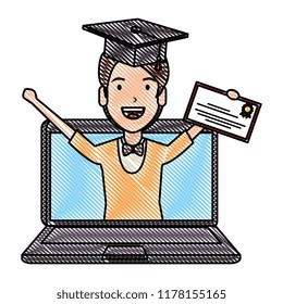 laptop with man student and graduation diploma