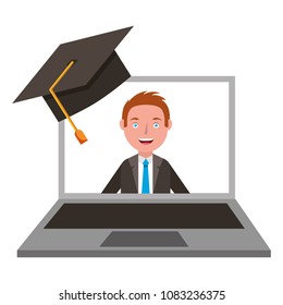laptop man teacher on screen graduation hat
