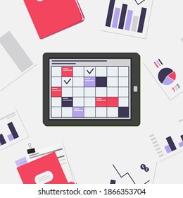 laptop and many different items around them, charts, folders with reports. On white background. The literal concept of the information world. vector seamless pattern background