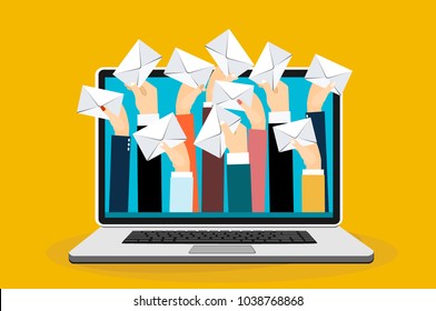 Laptop with many hands holding envelopes messages. Email concept. Businessman receiving email. Vector flat design illustration.