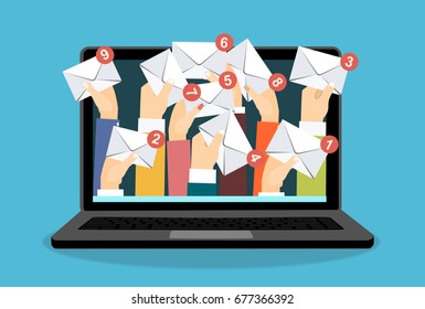 Laptop with  many hands holding envelopes messages. Email concept. Businessman receiving email. Vector flat design illustration.