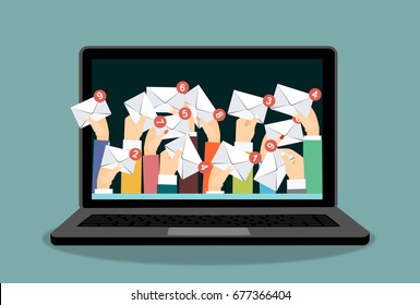 Laptop with  many hands holding envelopes messages. Email concept. Businessman receiving email. Vector flat design illustration.