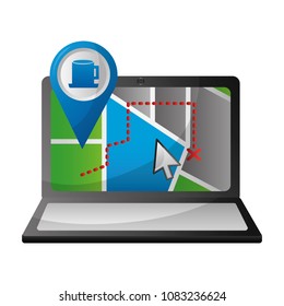 laptop map gps navigation pin coffee cup shop mark
