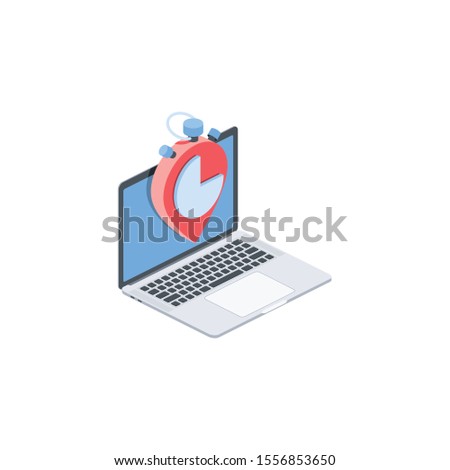 Laptop Map label time stopwatch. Vector 3d isometric, color web icon, new flat style. Creative illustration design, idea for infographics.