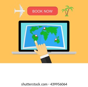 laptop with a map on the screen, the aircraft, palm, hand on a yellow background, online ticketing concept, vector illustration in flat style