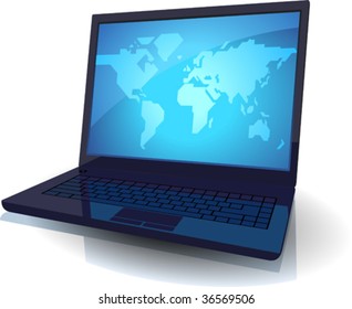 Laptop with map of the World on blue screen. Vector illustration.