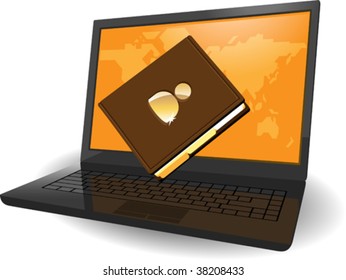 Laptop with map of the World on screen and notebook. Vector illustration concept.