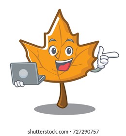 With laptop maple character cartoon style