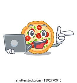 With laptop margherita pizza in a cartoon oven
