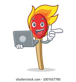 With laptop match stick character cartoon