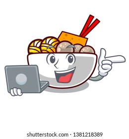 With laptop meatball fried on the cartoon plate
