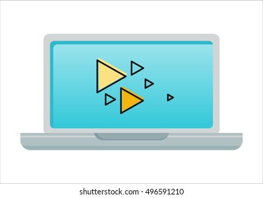 Laptop with media sings on blue screen. Laptop flat icon. Concept of social media, media content, online communication, interactive video, online entertainment. Isolated object on white background