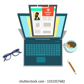 Laptop with medical clipboard. Patient card concept. Vector illustration in cartoon style.